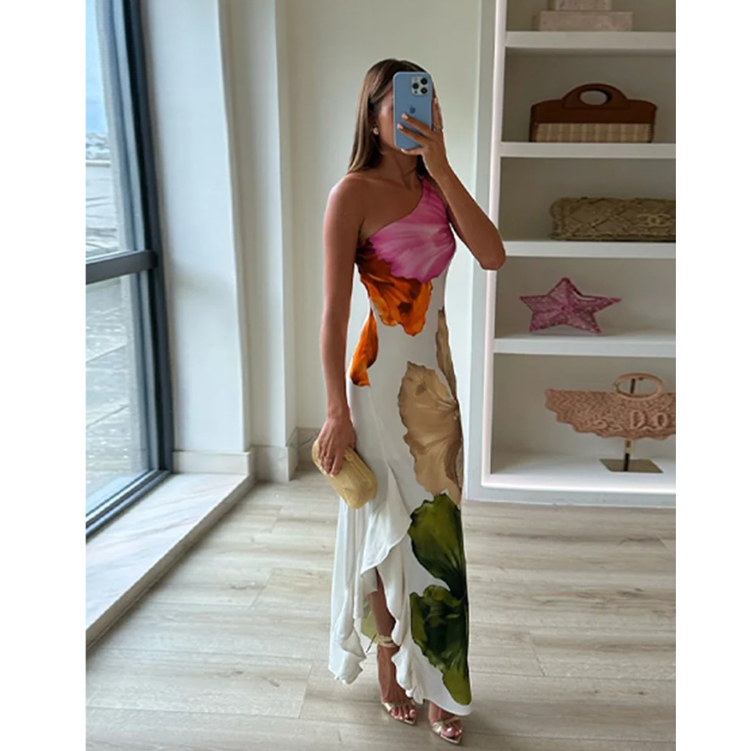 Women's Fashion Flowing One-Shoulder Maxi Dress with Striking Floral Pattern
