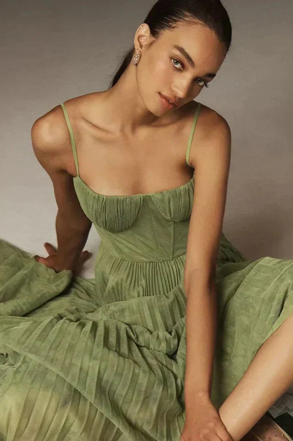 Women's Striking Elegant Flowing Pleated Fit and Flare Midi Dress