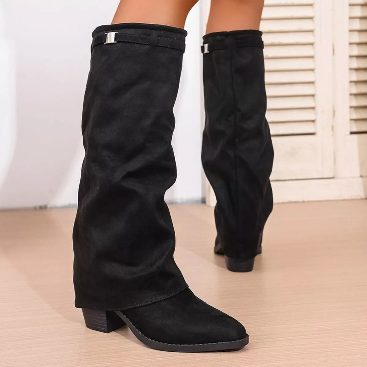 Modern Versatile Point Toe Block Heels Knee High Boots for Women