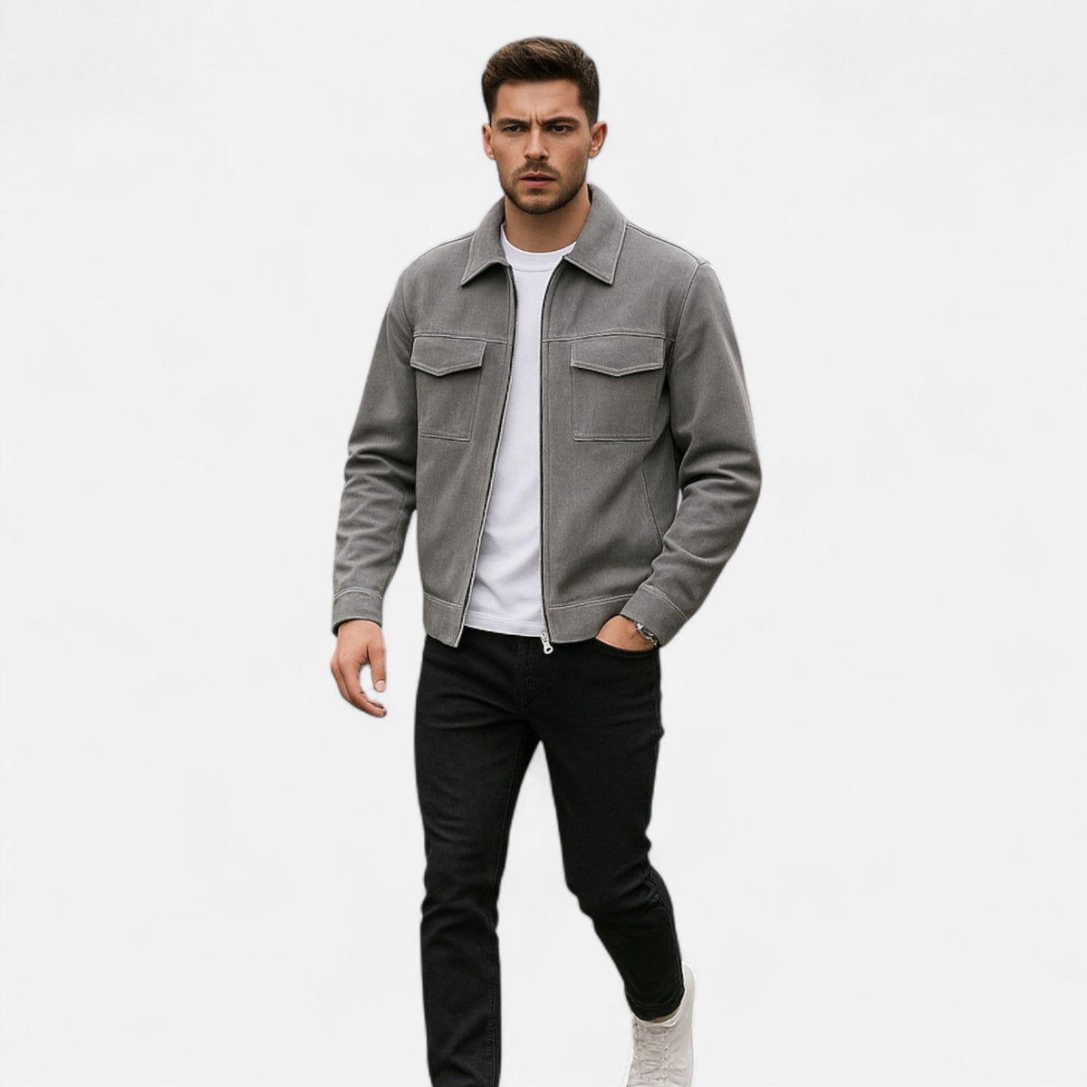 Refined Street-Inspired Collar Loose-Fit Suede Jacket for Men