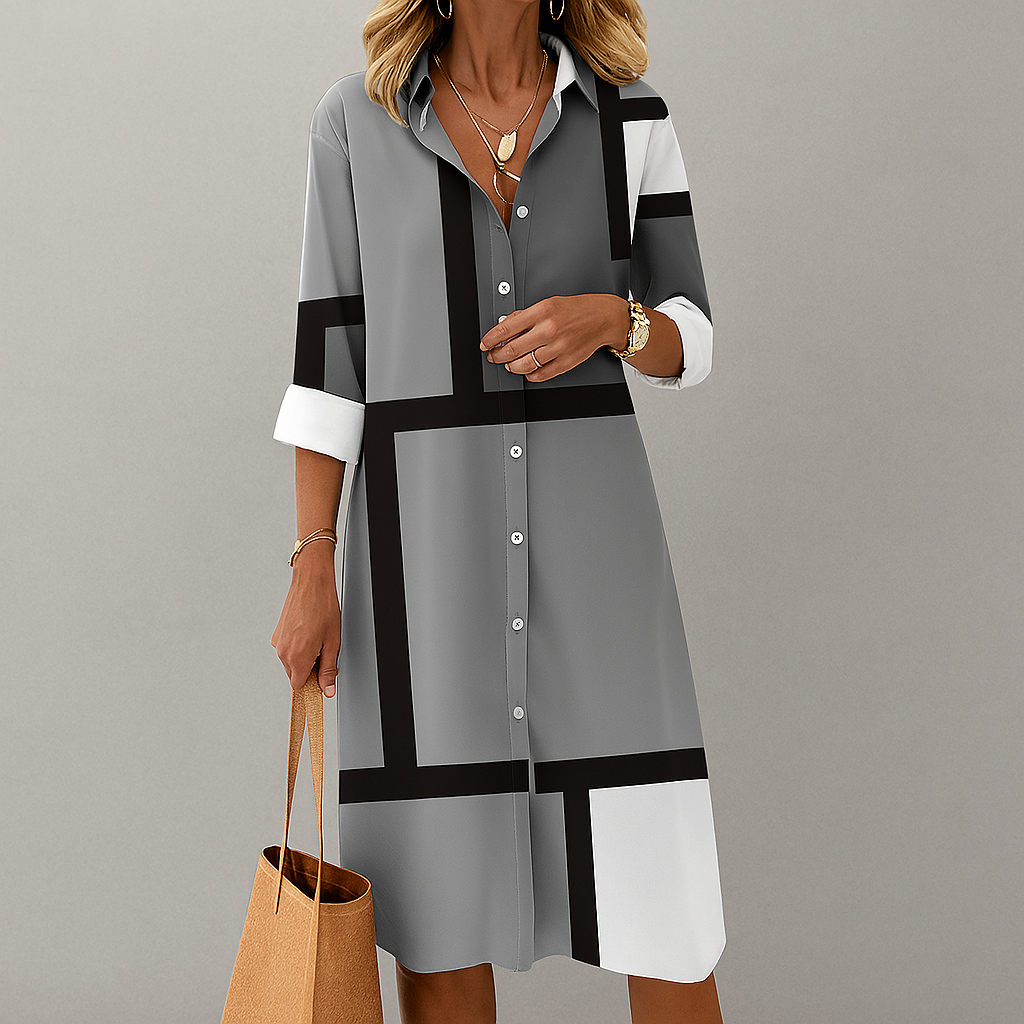 Women’s Classic Button‑down front Geometric Pattern Shirt Dress