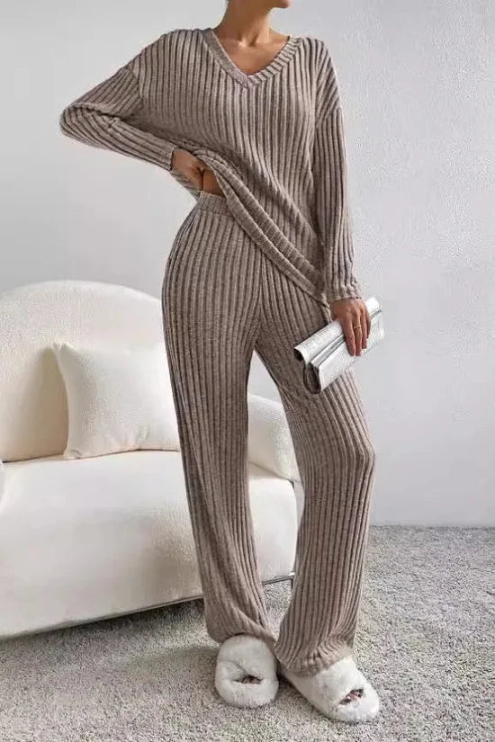 Women’s Ribbed Knit Loungewear Set - Elegant V-neckline Top and Wide-Leg Trousers