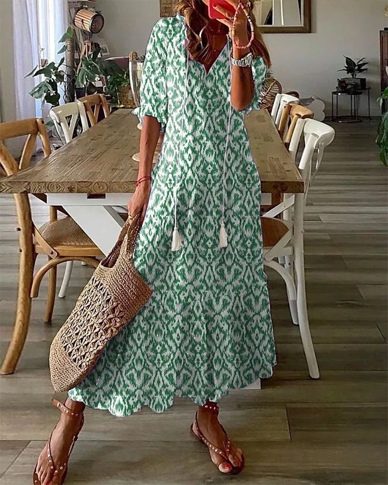 Women’s Summer Dress with Lantern Sleeves and Boho Print