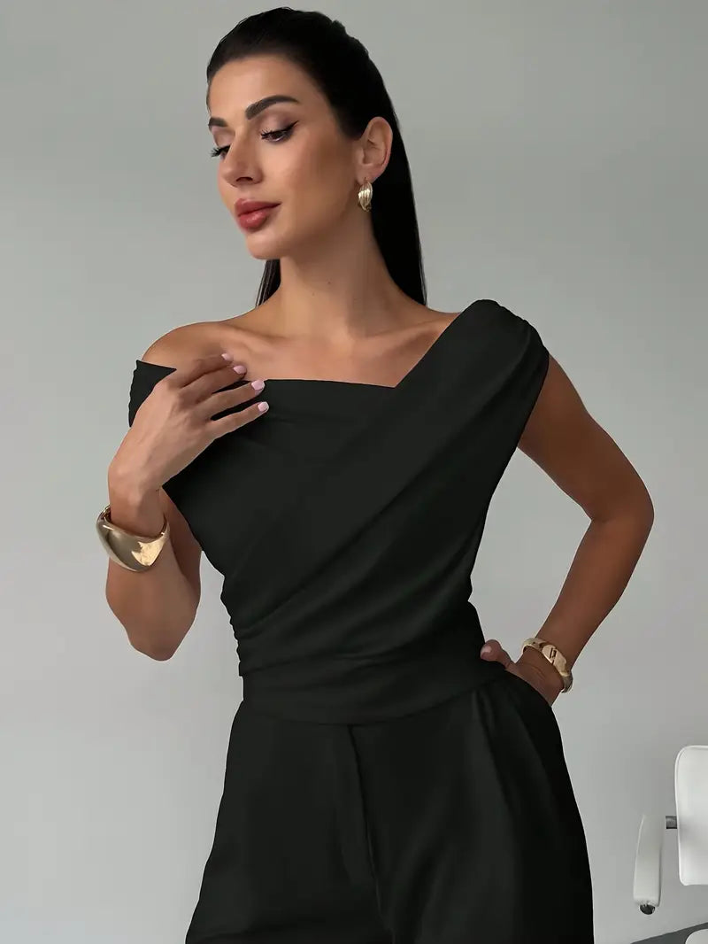 Women's Elegant Draped Shoulder Top with Round-Neckline