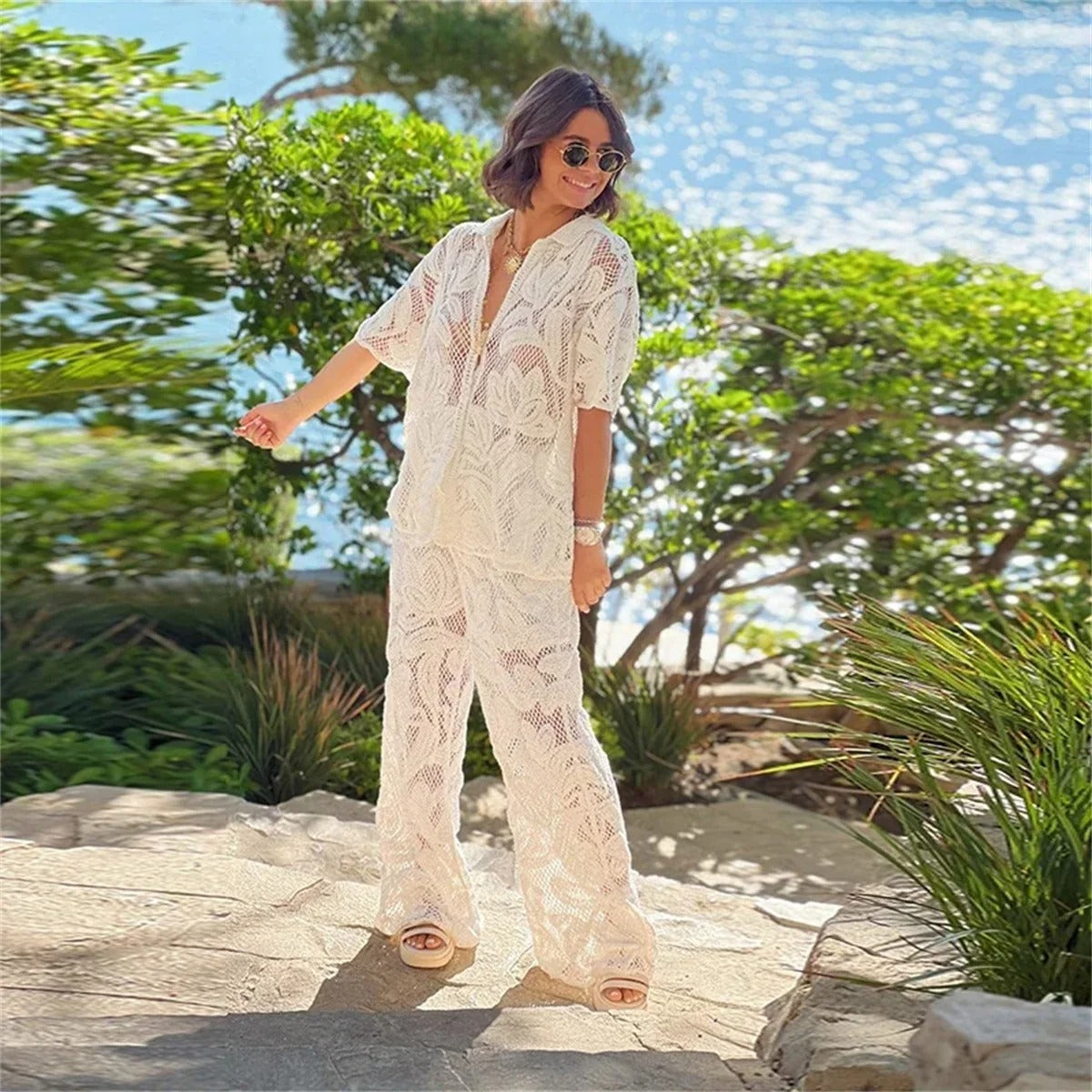 Stylish Summer Getaways Openwork Lace Two-piece Women's Set