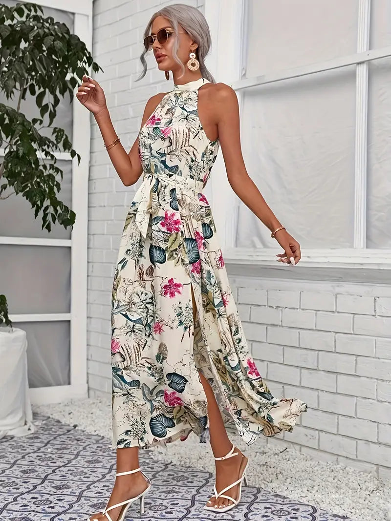 Women's Slit Halter Neckline Tie-Waist Party Evening Dress with Soft Draping and Floral Charm