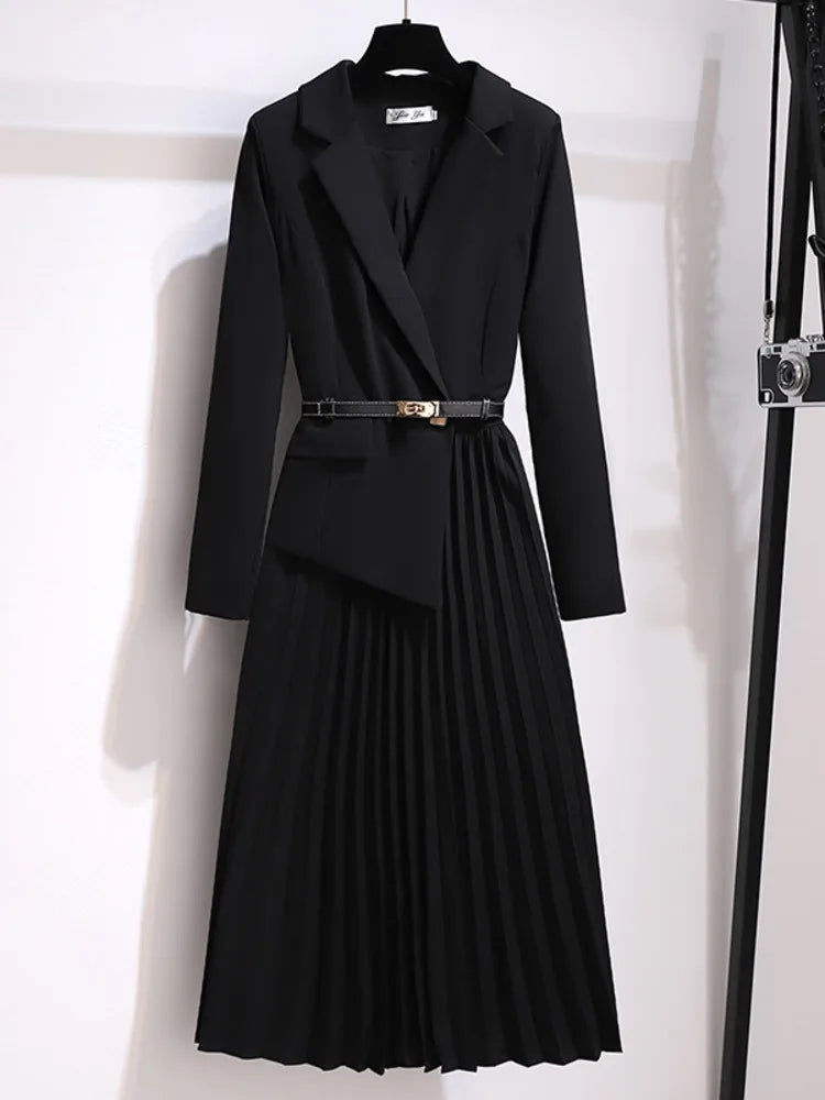 Women's Versatile Pleated A-Line Belted Midi Dress with Blazer Top