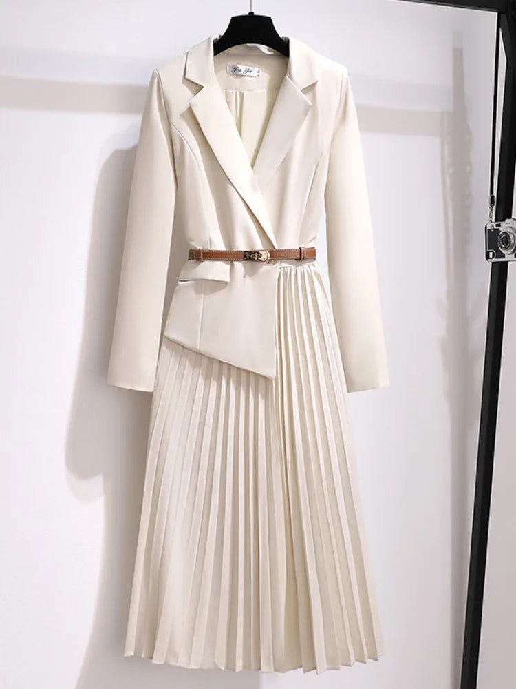 Women's Versatile Pleated A-Line Belted Midi Dress with Blazer Top