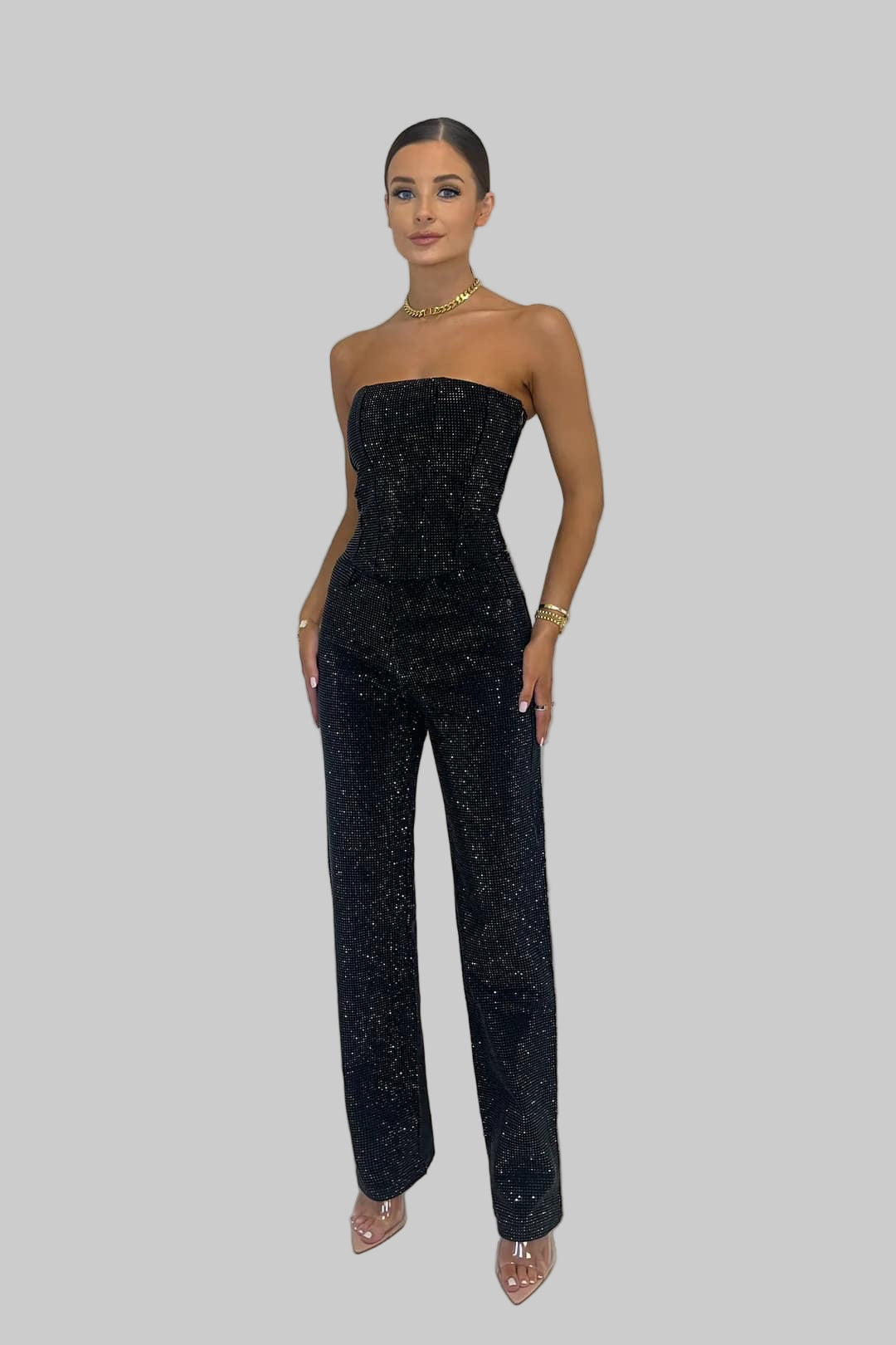 Women's Strapless Glitter Set - Elegant Top and High-Waist Trouser