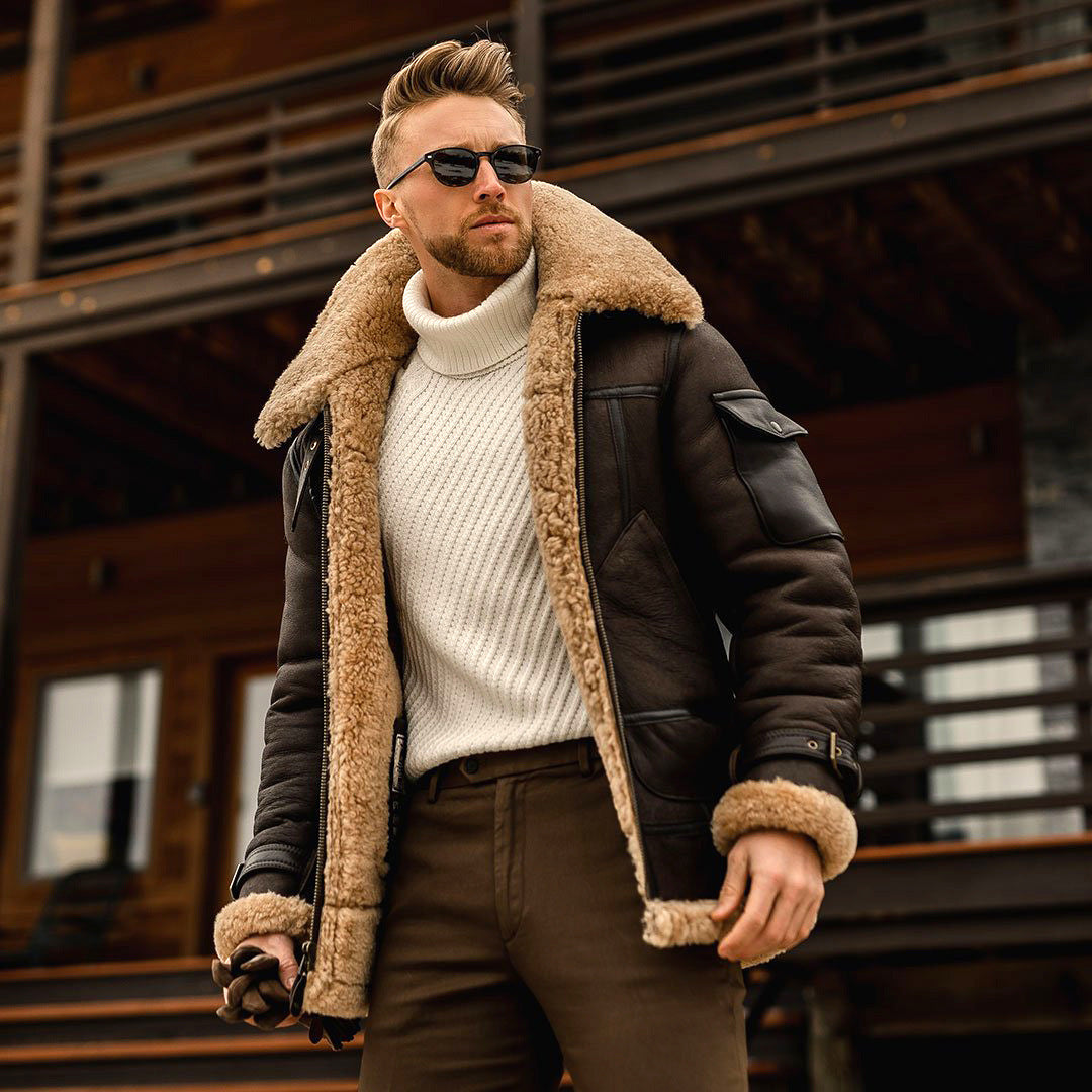 Men's Timeless Aesthetic Warm Aviator Jacket with Practical Zip-up Closure