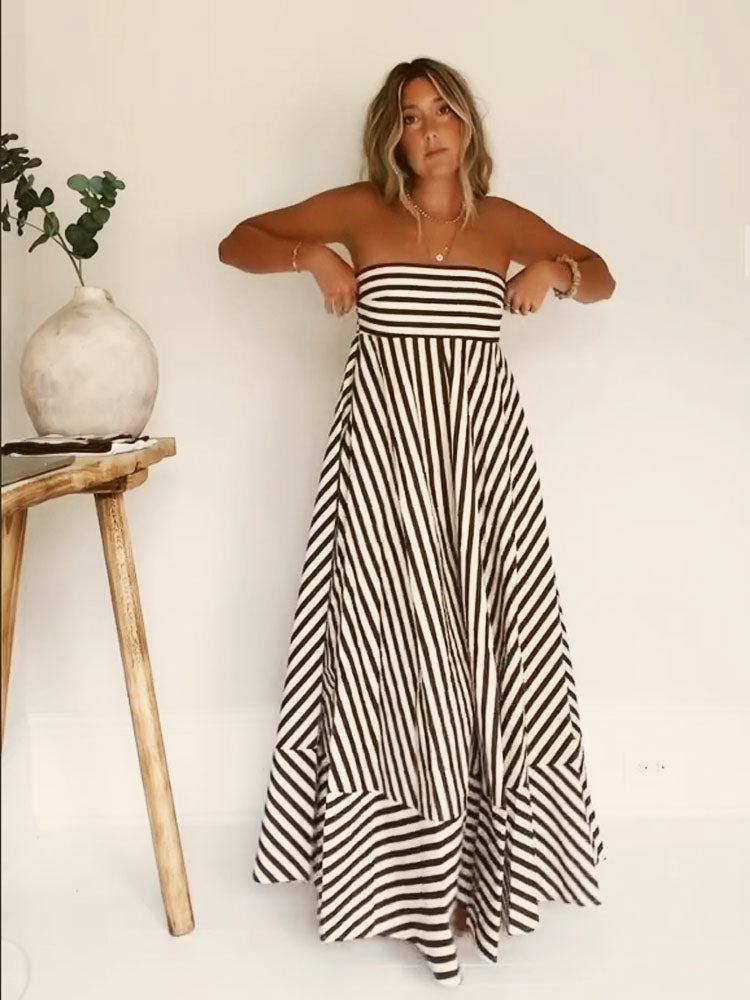 Elegant Strapless Diagonal Stripes Maxi Dress for Women