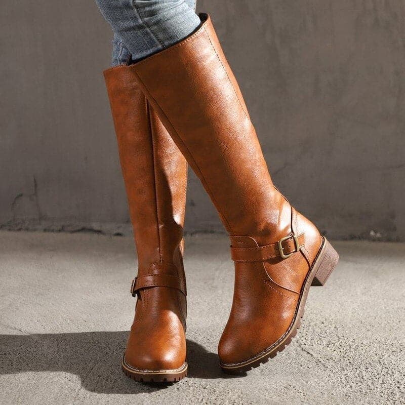 Women's Fashion Outdoor Knee-High Boots with Decorative Buckle Detail and Side Zipper