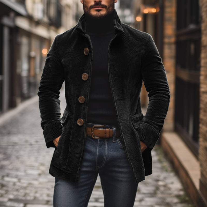 Men's Practical Slim Fit Warm Corduroy Coat with Stand-Up Collar and Side Pockets