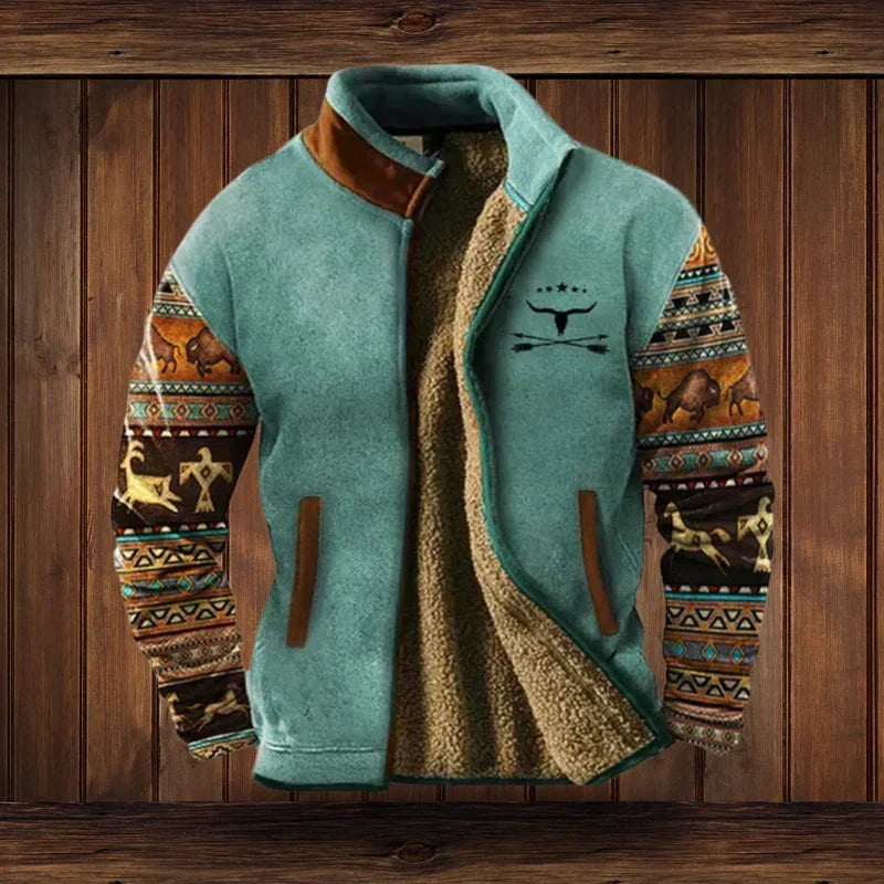 Winter Men's Casual Ethnic Western-Style Jacket with Fleece Lining for Outdoor Outings