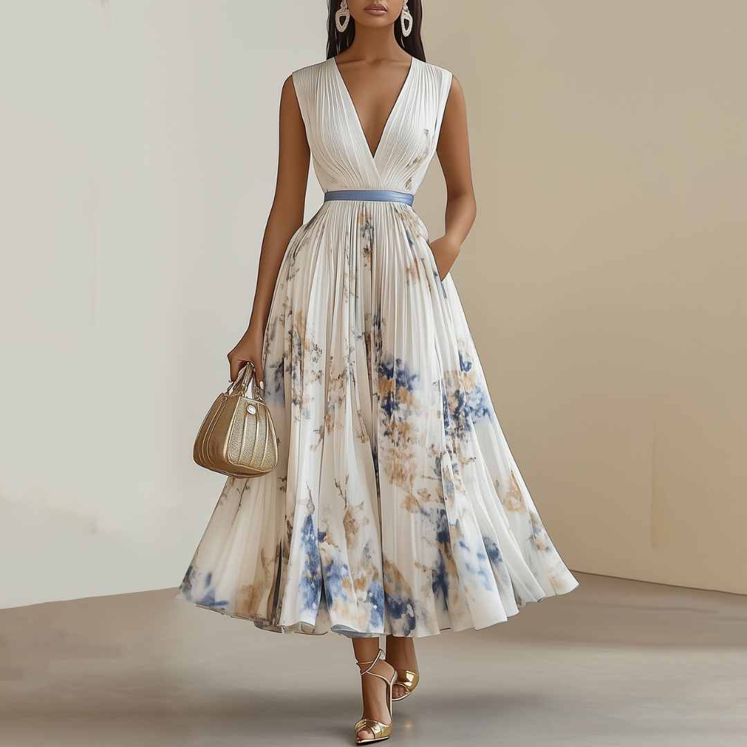 Women's Modern Floral V-Neck Pleated Ceremony Dress for All Occasions
