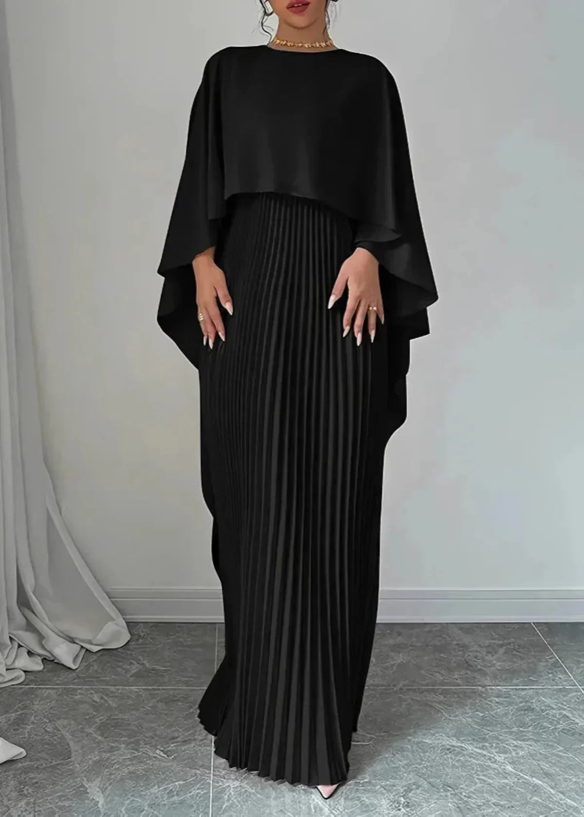 Women’s Pleated Cape Overlay Maxi Dress Elegant Evening Wear