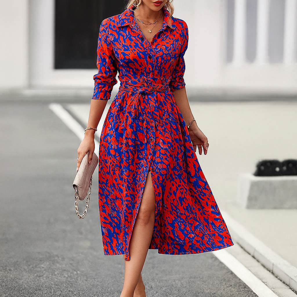 Modern Printed A-Line  Everyday Shirt Dress with Slit for Women
