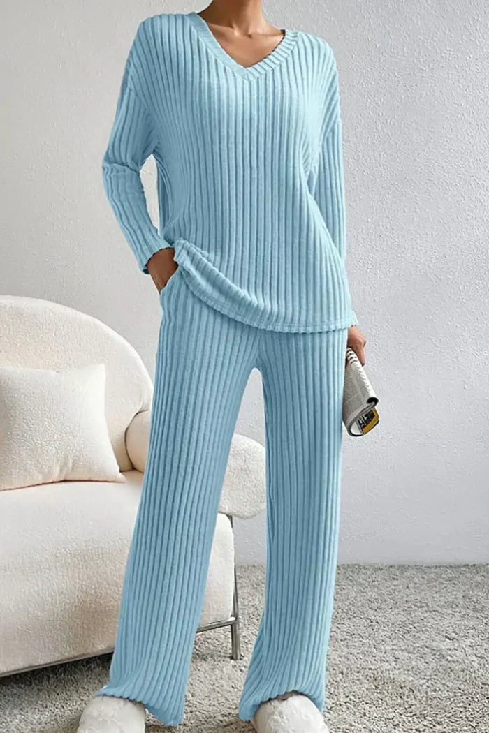 Women’s Ribbed Knit Loungewear Set - Elegant V-neckline Top and Wide-Leg Trousers
