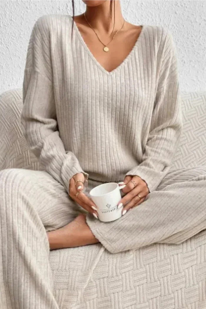 Women’s Ribbed Knit Loungewear Set - Elegant V-neckline Top and Wide-Leg Trousers