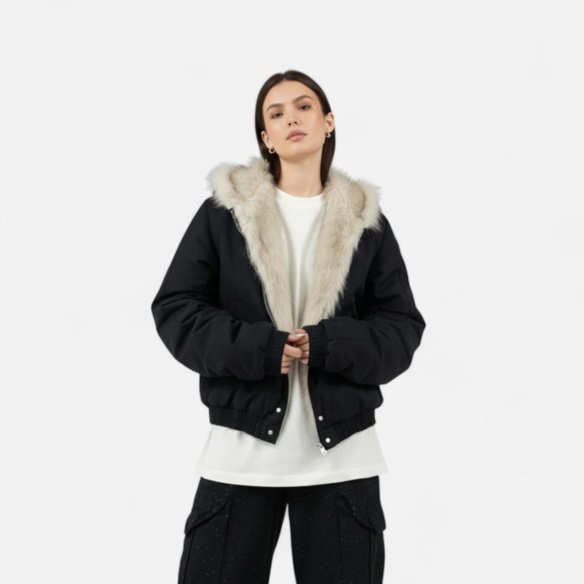 Women's Classic Winter Fur Collar Hooded Coat with Functional Pockets