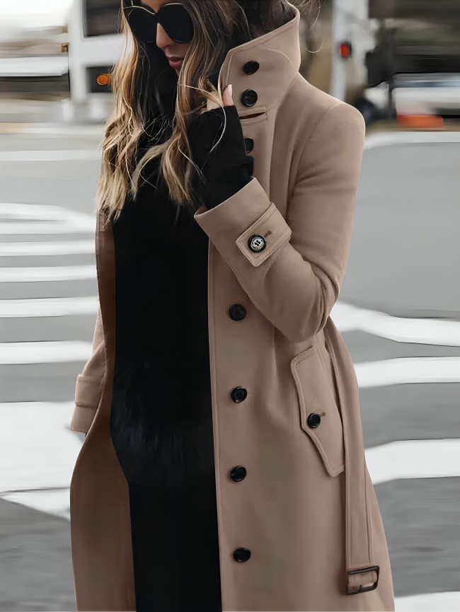 Women's Timeless Sleek High Collar Long Coat with Pockets and Tie-belt Waist