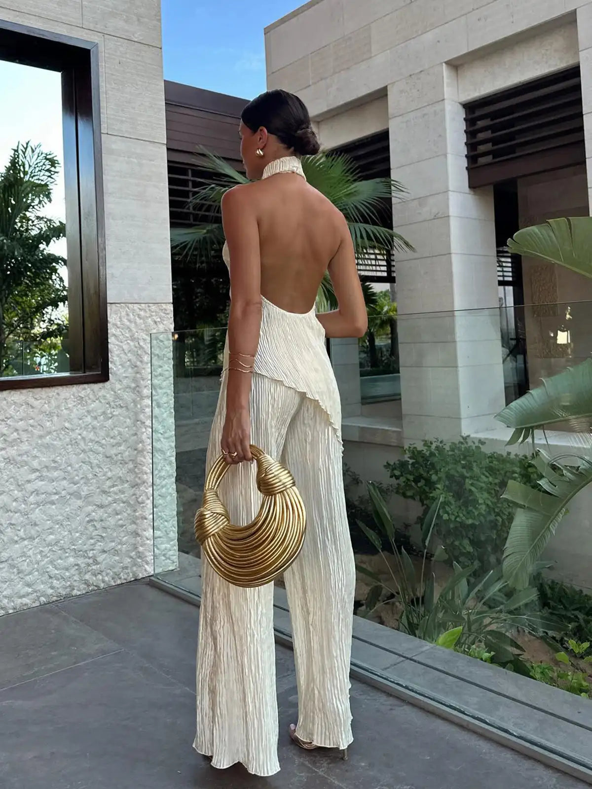 Women's Stunning Pleated Two Piece Set – Halter Neck Top and Trouser