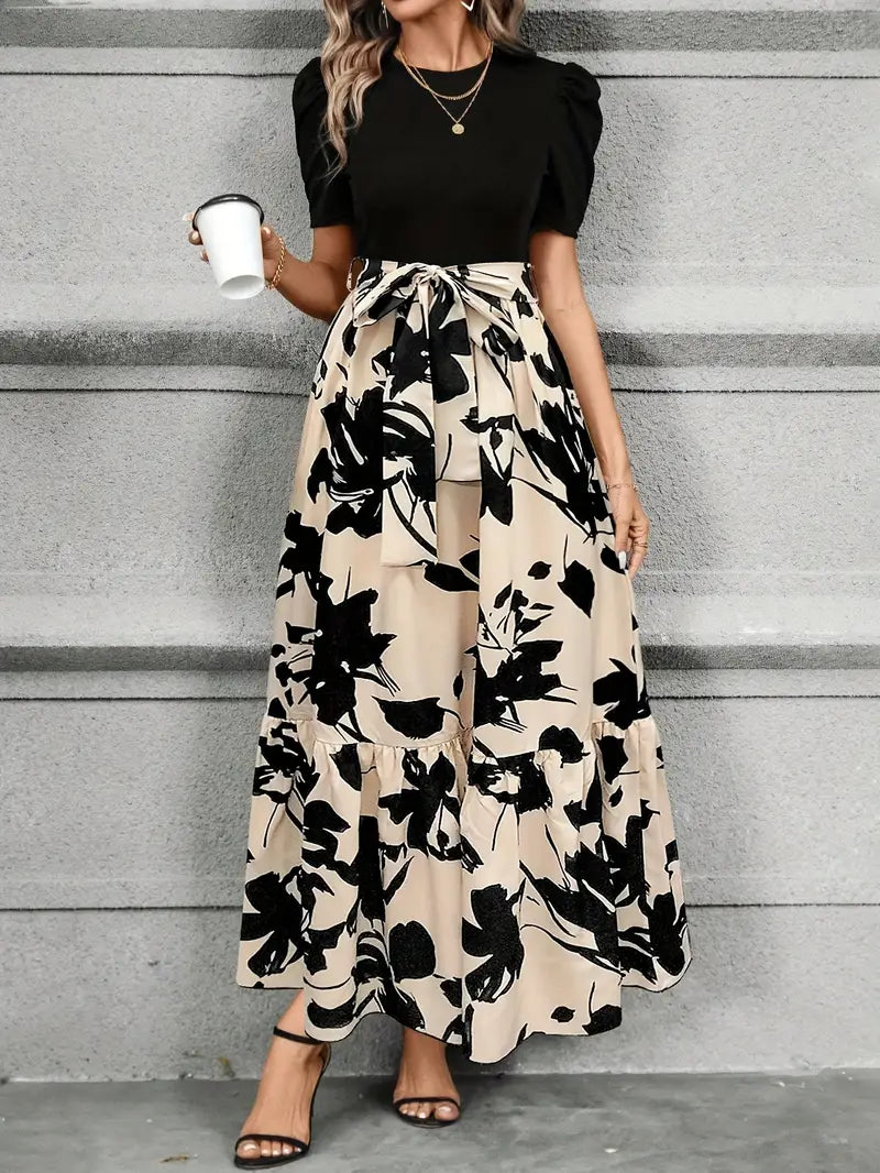Women's Modern Printed Botanical Patterns Maxi Dress with Waist Belt and Crew Neckline