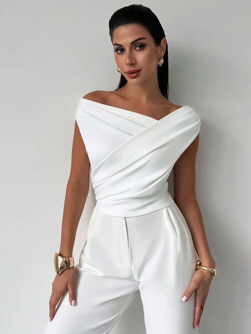 Women's Elegant Draped Shoulder Top with Round-Neckline