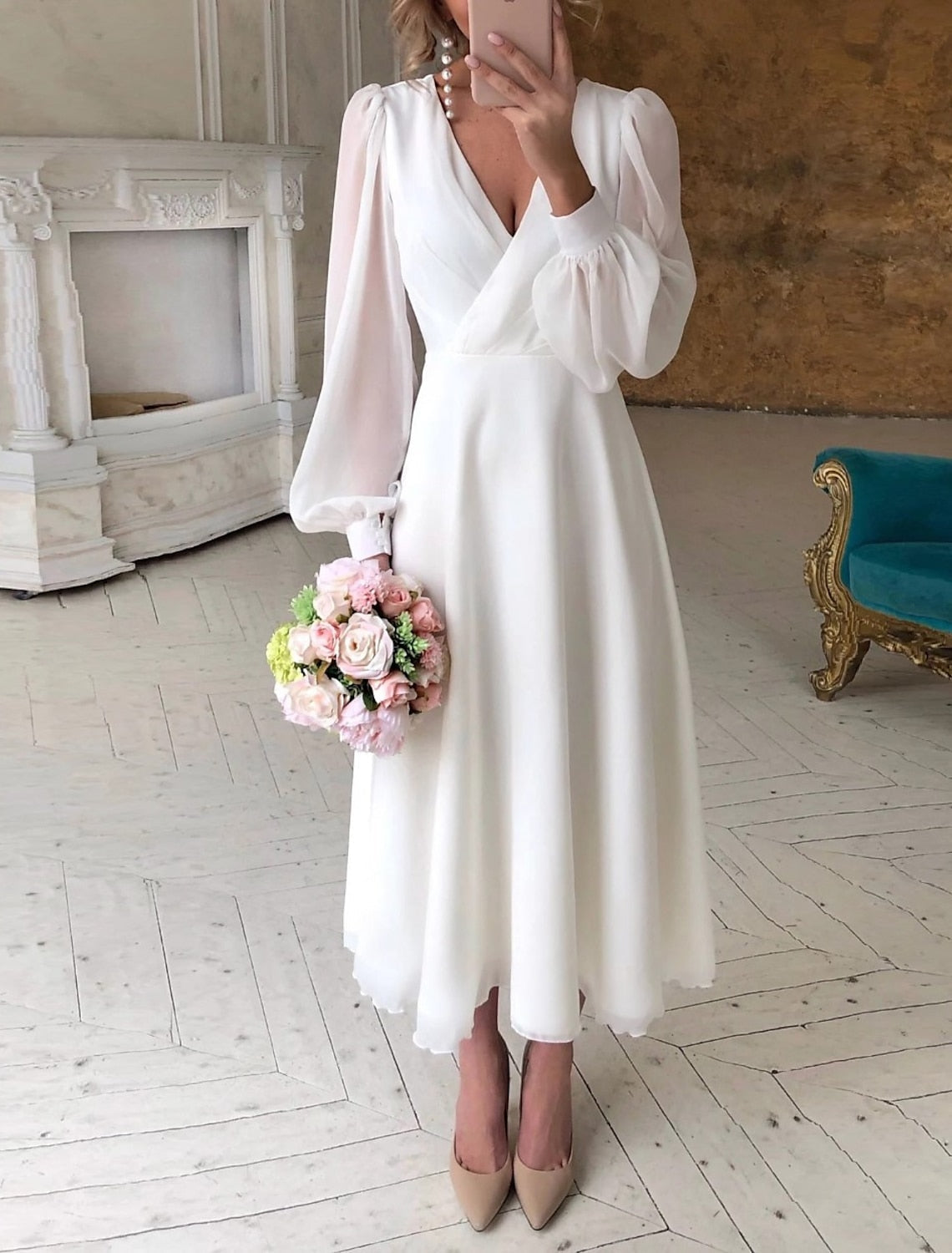 Women's Stylish Formal Wedding Flattering Long Sleeve Cocktail Dress
