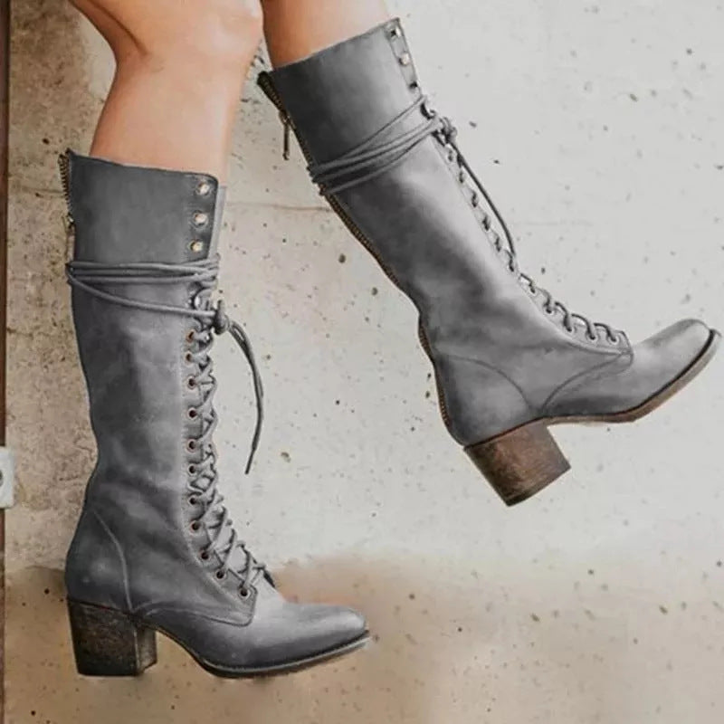 Women’s Block Heel Boots Lace-Up Knee-High Style