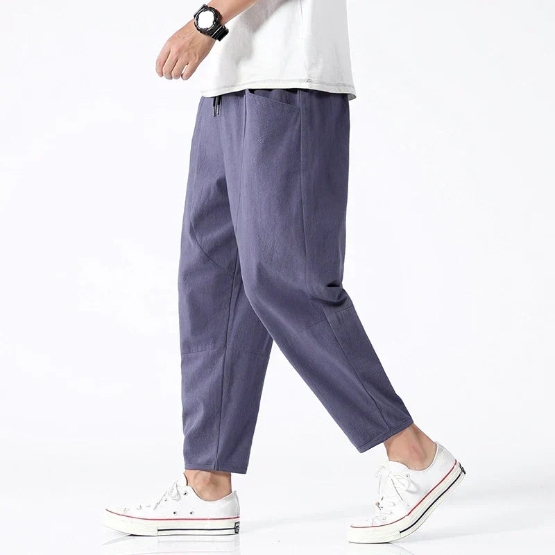 Men's Casual Breathable Cropped Pants with Adjustable Drawstring Waist
