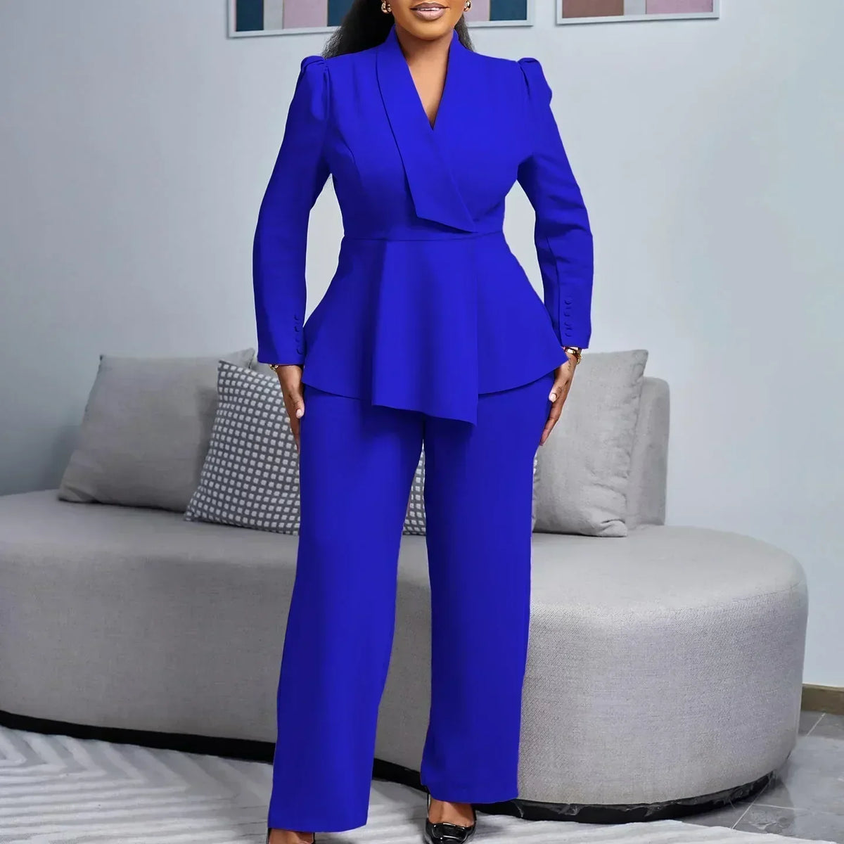 Women’s Formal Suit Set Tailored Long Blazer & Wide-Leg Trousers