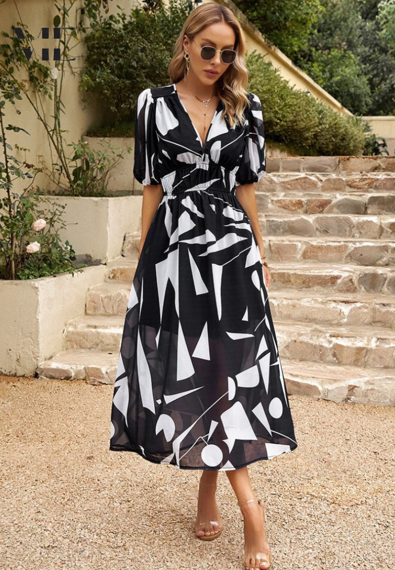 Women's Fashion Summer Floral Print Midi Dress with Puff Sleeves