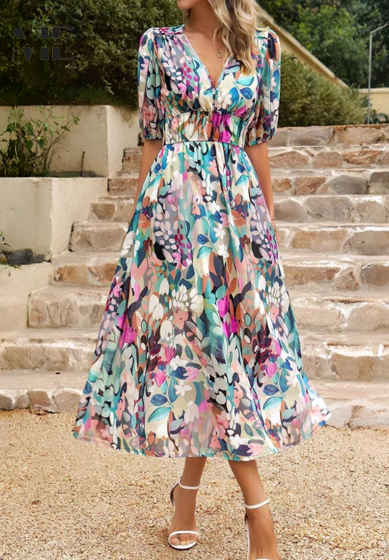 Women's Fashion Summer Floral Print Midi Dress with Puff Sleeves