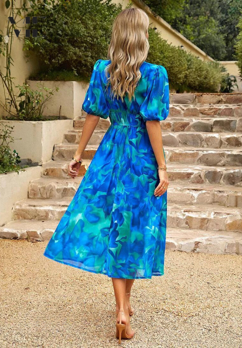 Women's Fashion Summer Floral Print Midi Dress with Puff Sleeves