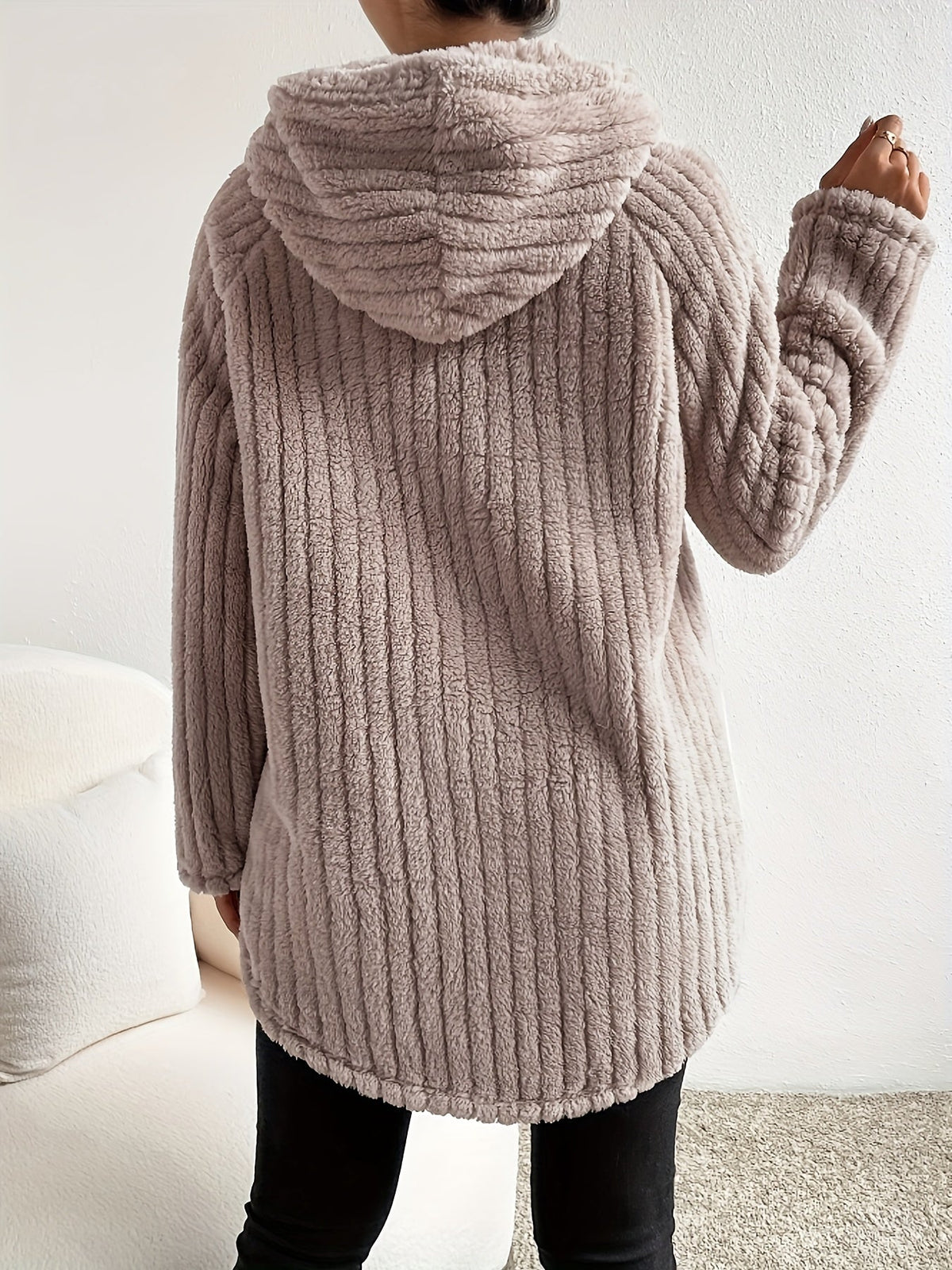 Women's Modern Soft Teddy Style Hoodie –  with Long Sleeves and Curved Hem