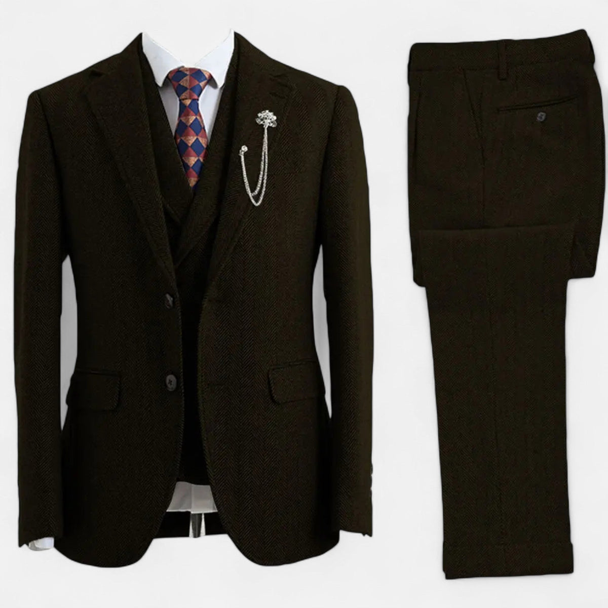 Men’s Tweed Herringbone Formal Business Suit - Complete 3-Pieces Set
