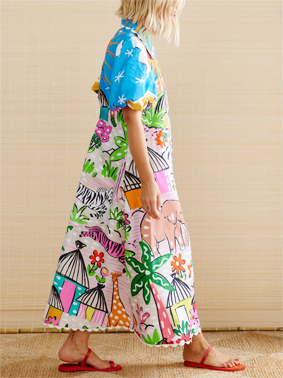 Women's Chic Transitional Midi Summer Dress with Tropical-inspired Prints