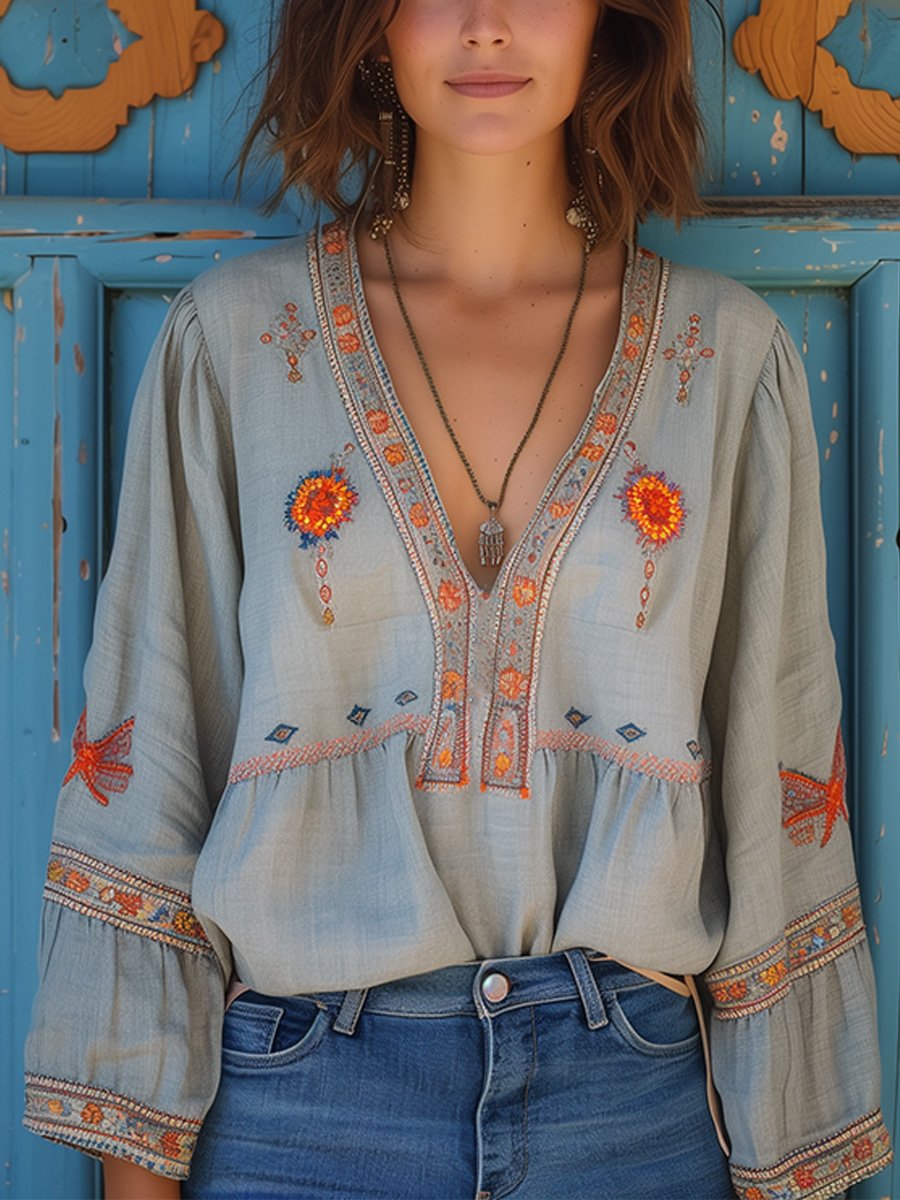 Trendy Festive Summer Airy Embroidery Bohemian Blouse for Women