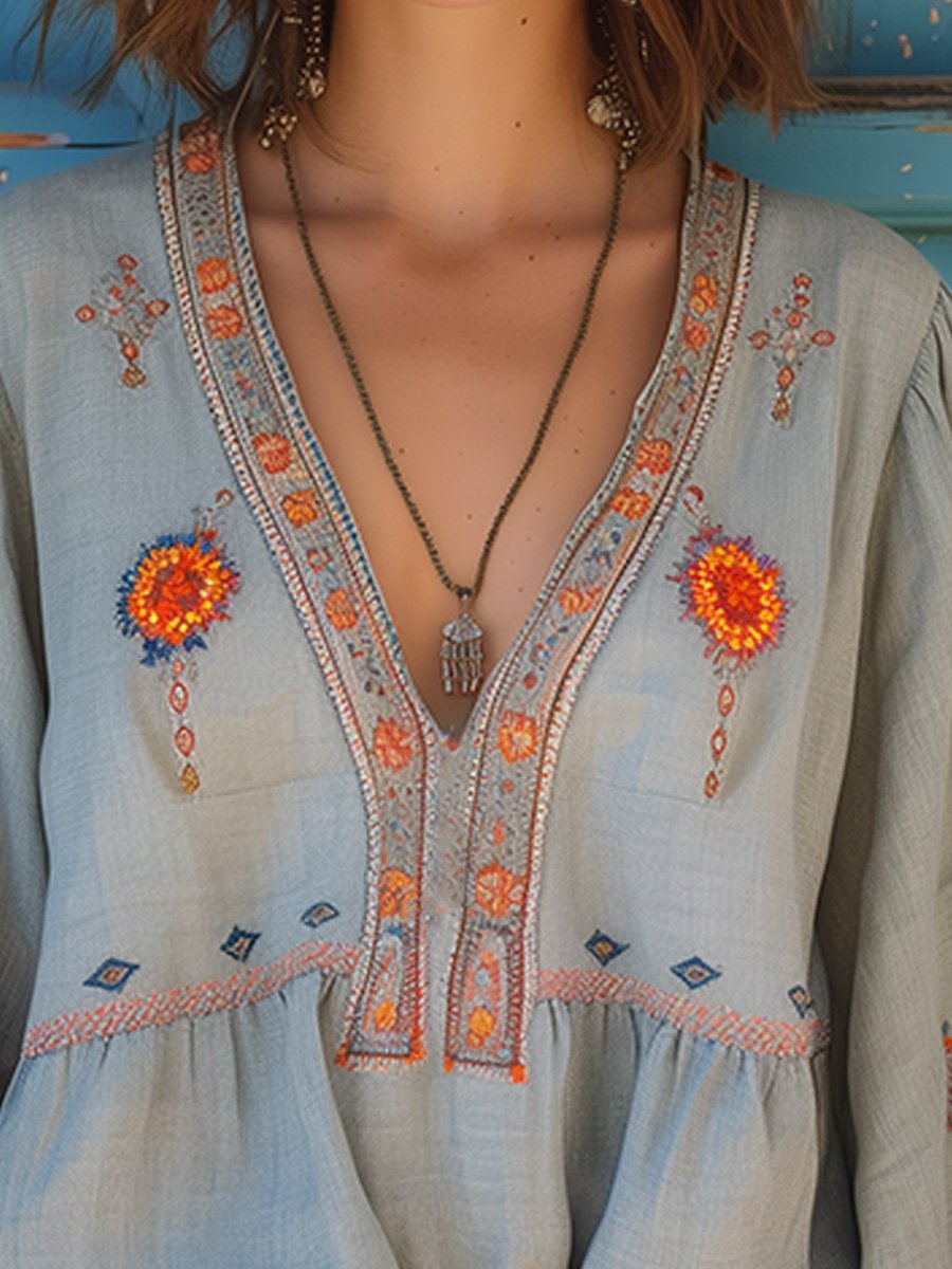 Trendy Festive Summer Airy Embroidery Bohemian Blouse for Women