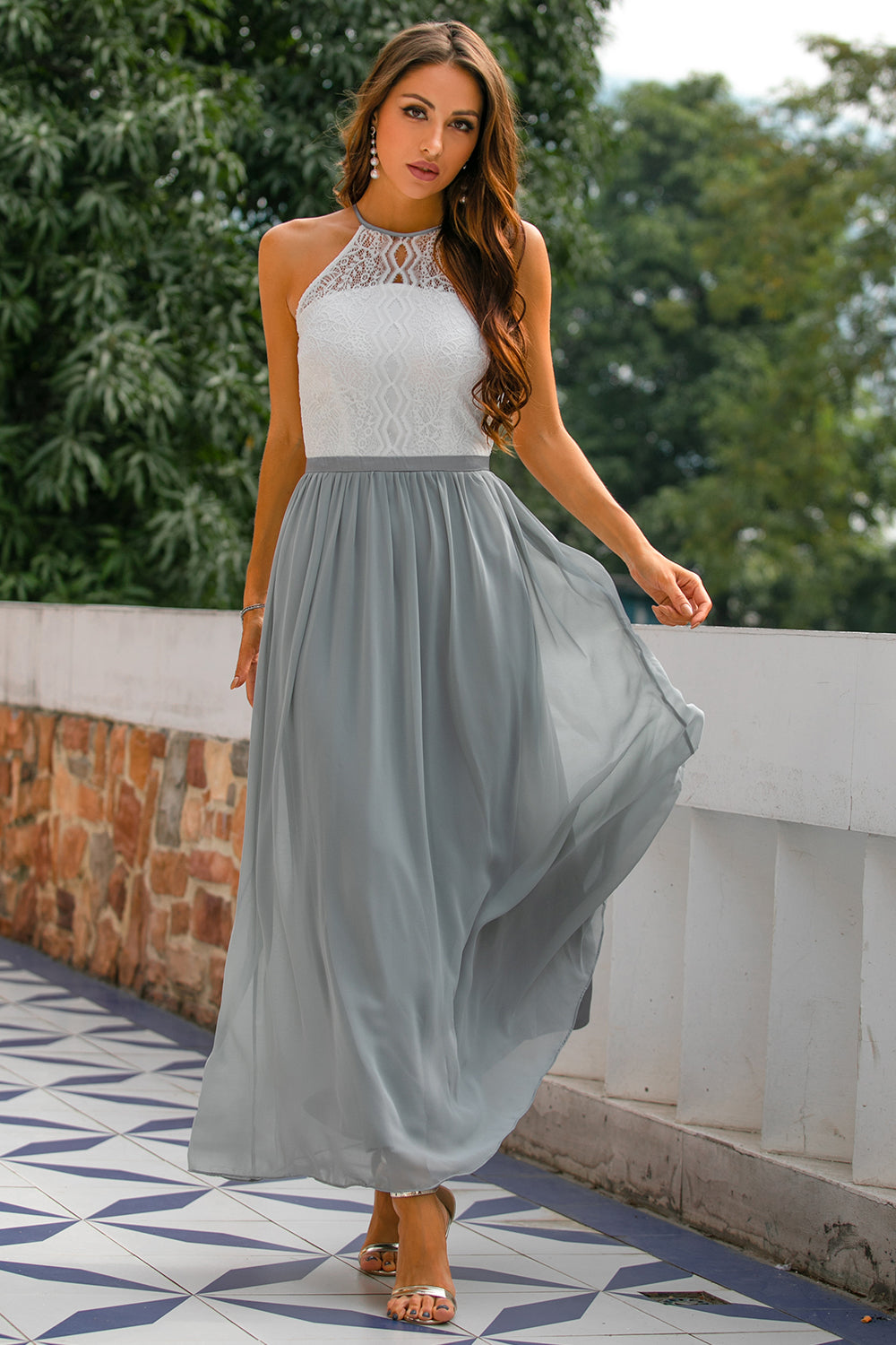 Women's Modern Evening Maxi Wedding Guest Dress with Halter Neckline